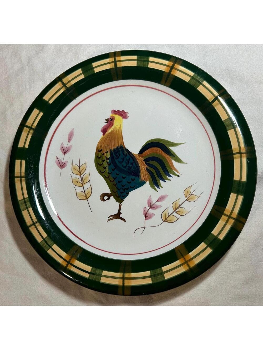 Hand-Painted Ceramic Rooster Plate: Farmhouse Plaid Border Kitchen Decor